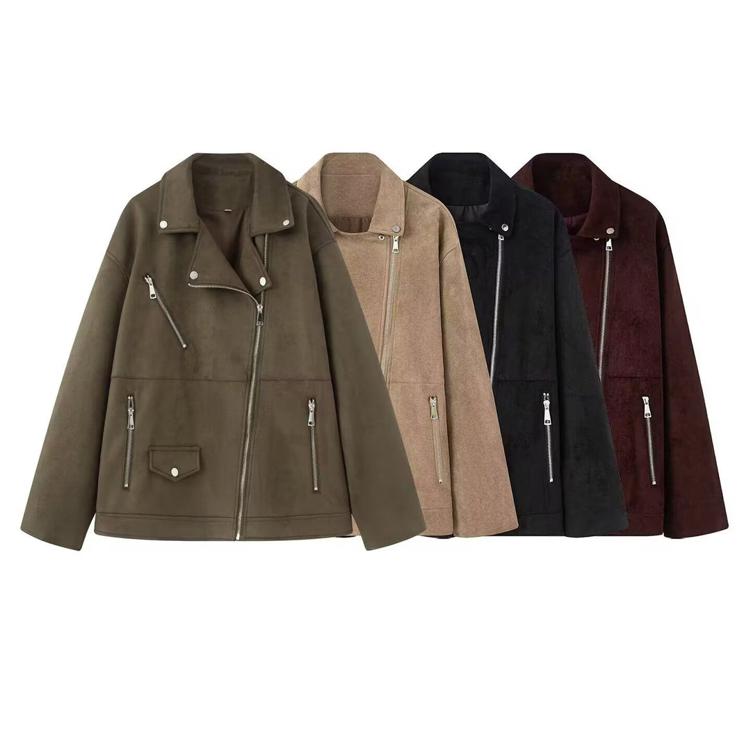 Damen Asymmetrische Veloursleder‑Optik Bikerjacke mit Stehkragen und Zippern Nord Taschen