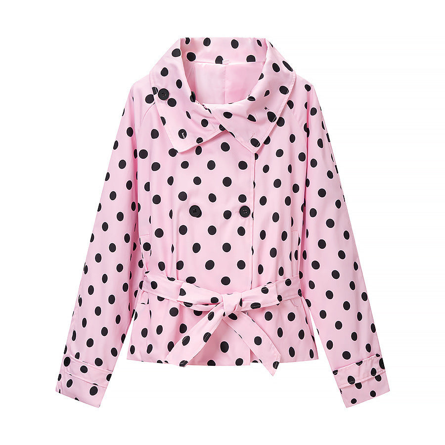 Damen Kurztrenchjacke im Polka‑Dot‑Muster, doppelreihig mit Taillengürtel Nord Taschen