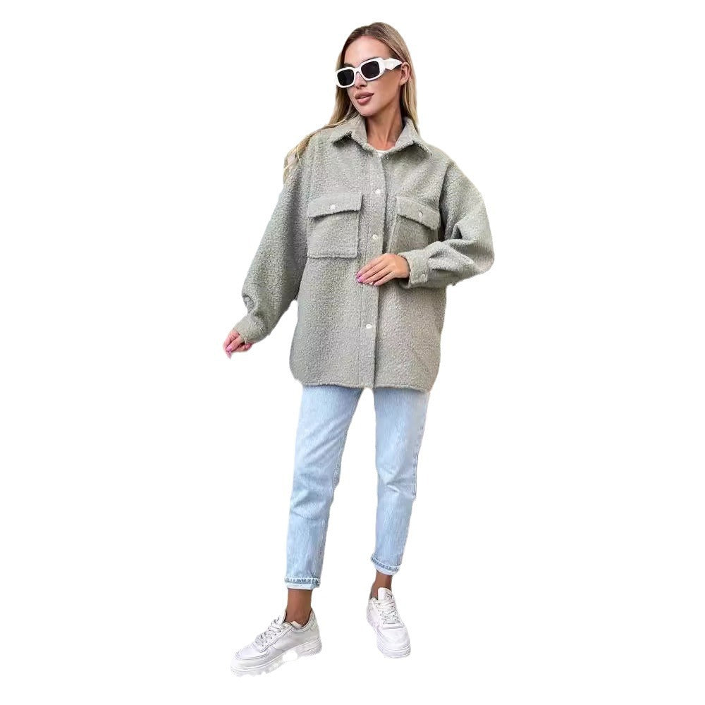 Damen Oversized Teddy-Übergangsjacke mit Brusttaschen und Druckknöpfen Nord Taschen