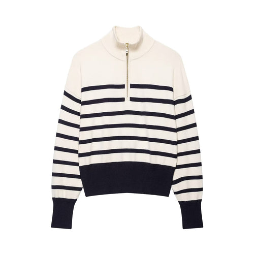 Damen Gestreifter Feinstrick-Pullover mit Stehkragen und Halbzip Nord Taschen