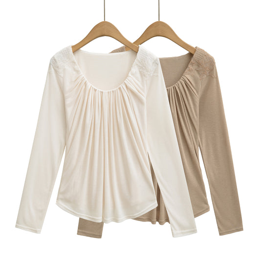 Damen Jersey-Top mit weitem Rundhalsausschnitt, Faltenfront und Spitzenbesatz Nord Taschen