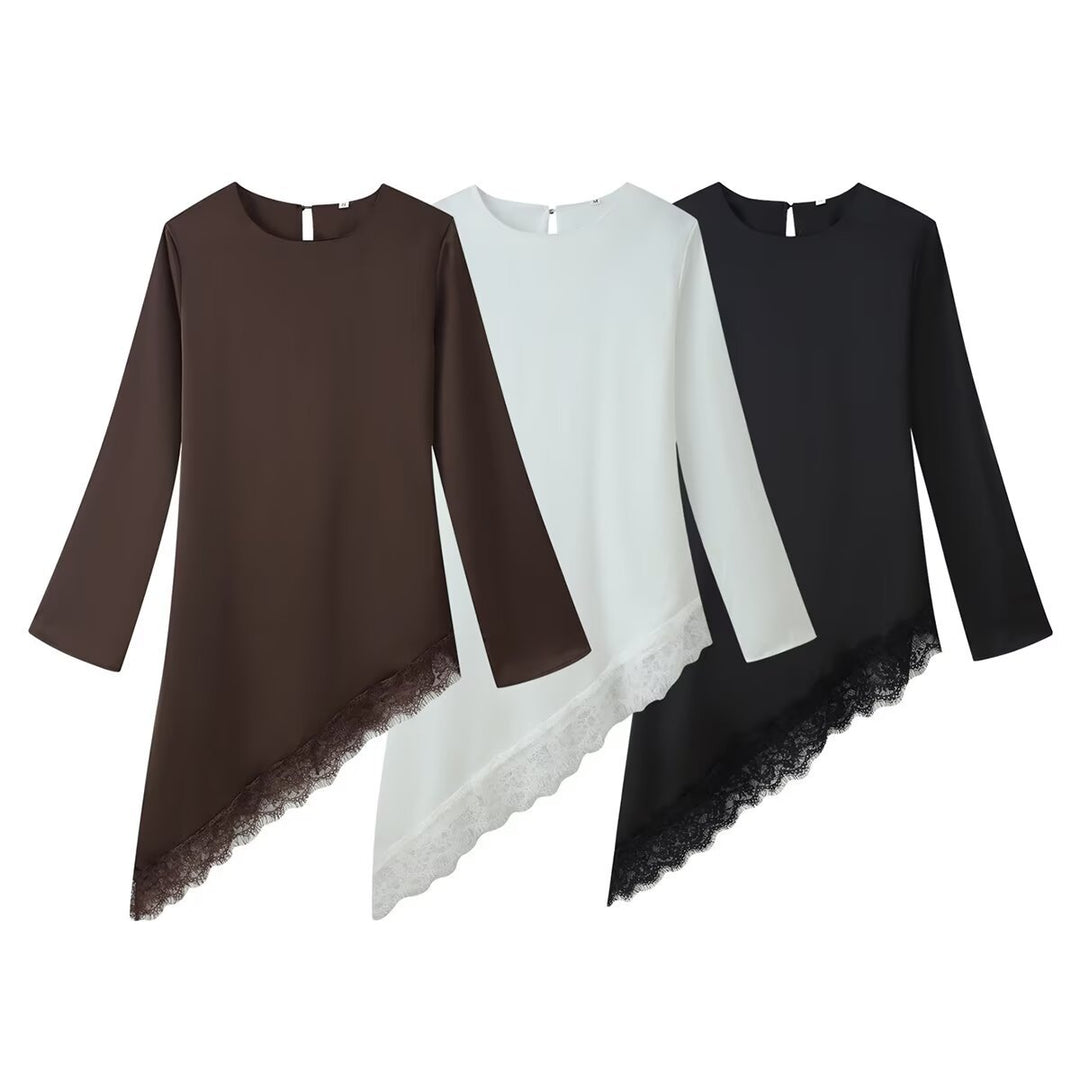 Damen Asymmetrische Tunika-Bluse mit Spitzenbesatz und weitem Ärmel Nord Taschen