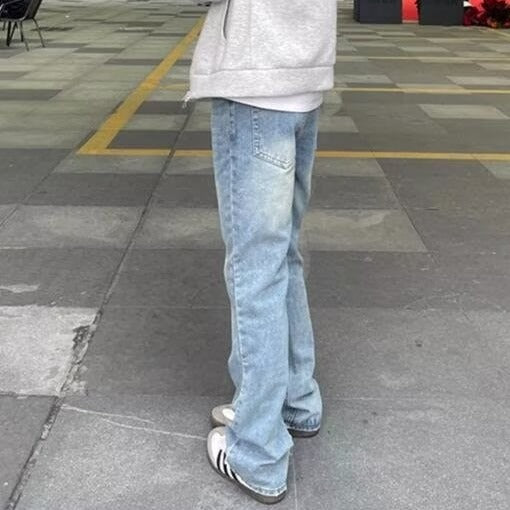 Damen Gerade geschnittene Vintage-Waschung Jeans mit verlängertem Bein und weitem Saum Nord Taschen