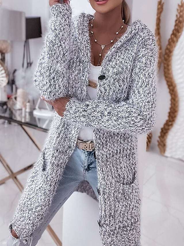 Damen Langer Mélange-Kuschelcardigan mit Kapuze, Hornknopf und Eingrifftaschen Nord Taschen