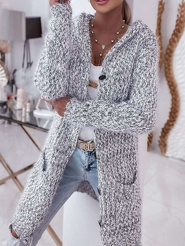 Damen Langer Mélange-Kuschelcardigan mit Kapuze, Hornknopf und Eingrifftaschen Nord Taschen
