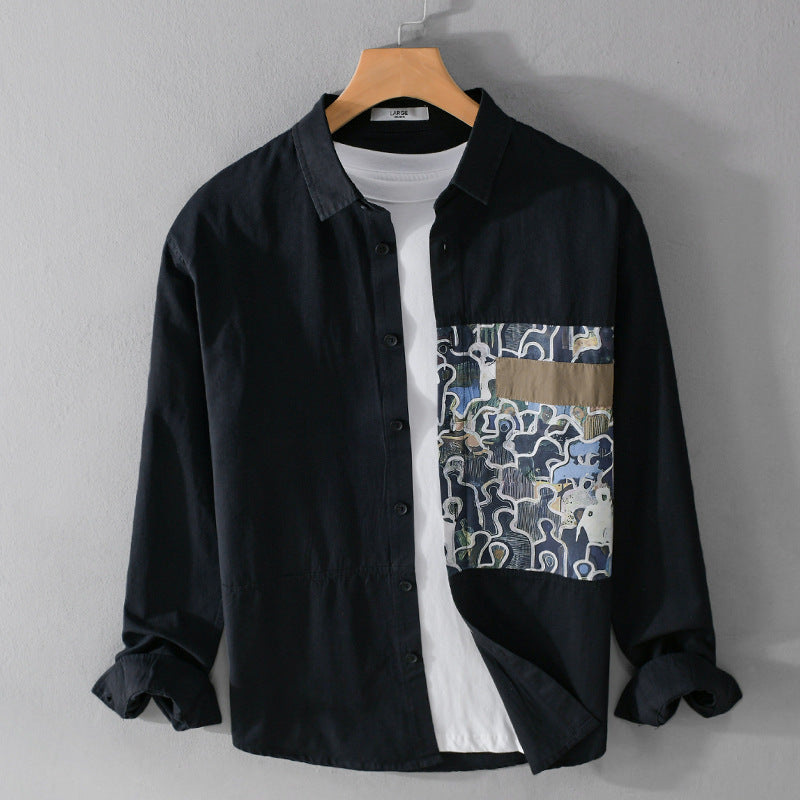 Herren Baumwollhemd mit großem Kunst-Print-Brustpatch und Kentkragen Nord Taschen