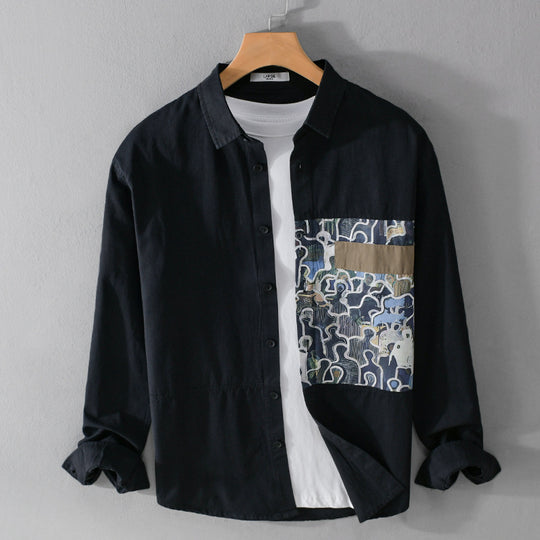 Herren Baumwollhemd mit großem Kunst-Print-Brustpatch und Kentkragen Nord Taschen