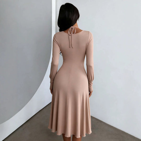 Damen gerafftes A-Linien Midikleid mit gekreuzten Trägern, figurformender Brustpartie und langen Ärmeln Nord Taschen