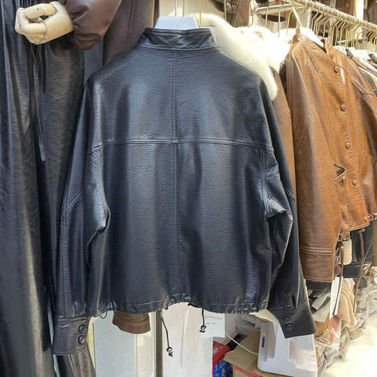 Damen Kurze Lederjacke mit strukturierter Narbung, Stehkragen und Tunnelzugbund Nord Taschen