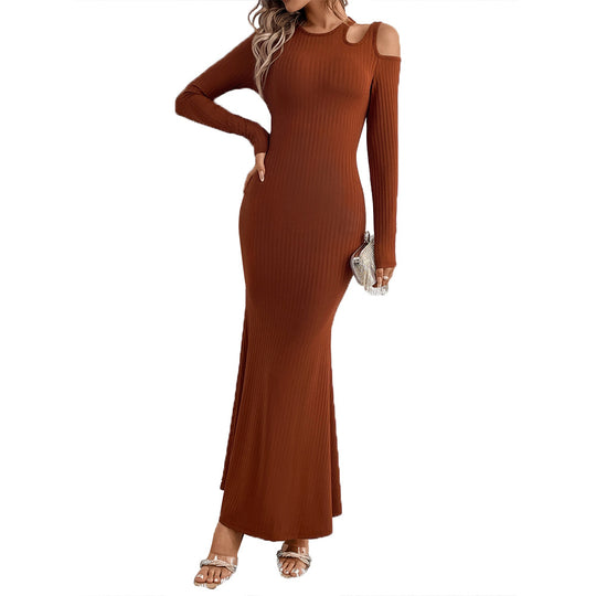 Damen geripptes Meerjungfrauen-Maxikleid mit Cold-Shoulder Cutouts, sculptender Passform und ausgestelltem Saum Nord Taschen