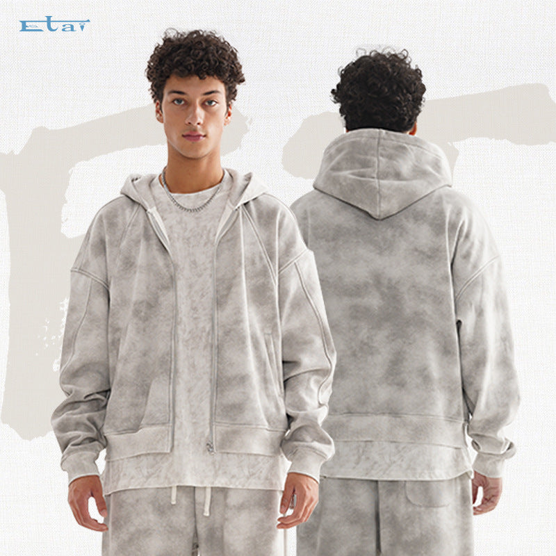 Unisex Kurz geschnittene Reißverschluss-Kapuzenjacke aus French-Terry mit Cloud-Dye-Effekt und Raglannähten Nord Taschen