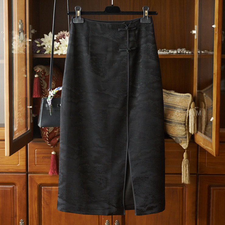 Damen Taillenhoher Midirock mit floralem Jacquard, vorderem Schlitz & Zier-Froschverschluss Nord Taschen