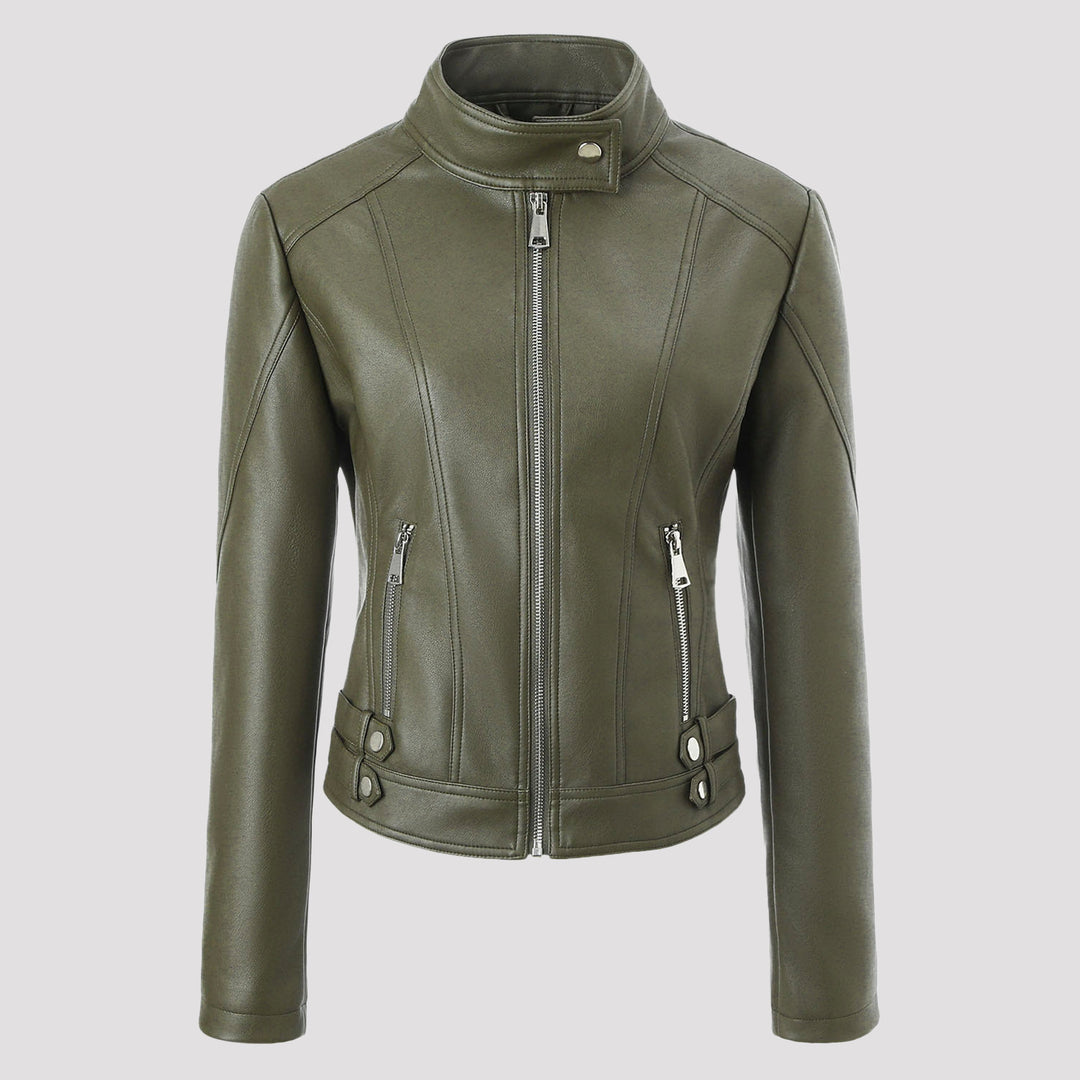 Damen Taillierte Kunstleder-Bikerjacke mit Stehkragen, vertikalen Ziernähten und seitlichen Schnallengurten Nord Taschen