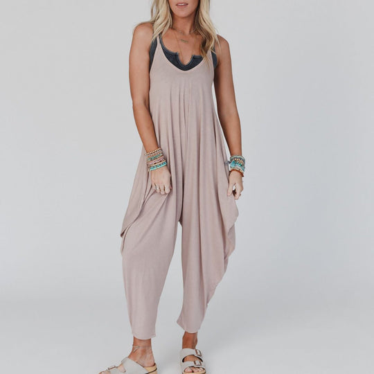 Damen bequemer Jumpsuit mit lässigem Schnitt und tiefem V-Ausschnitt Nord Taschen