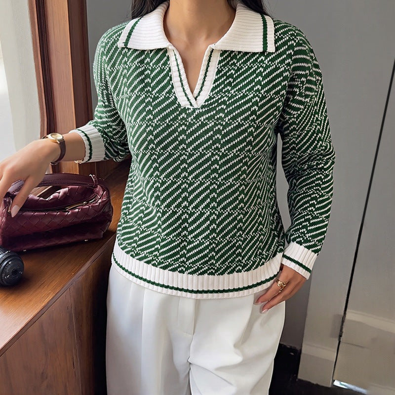 Damen Jacquard-Strickpullover mit Polokragen und V‑Schlitz Nord Taschen
