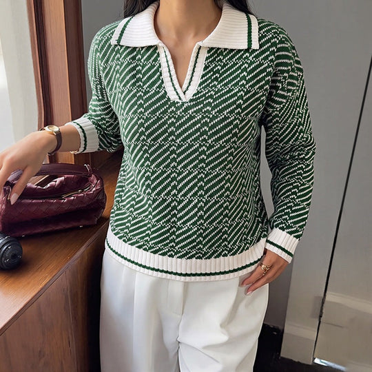 Damen Jacquard-Strickpullover mit Polokragen und V‑Schlitz Nord Taschen