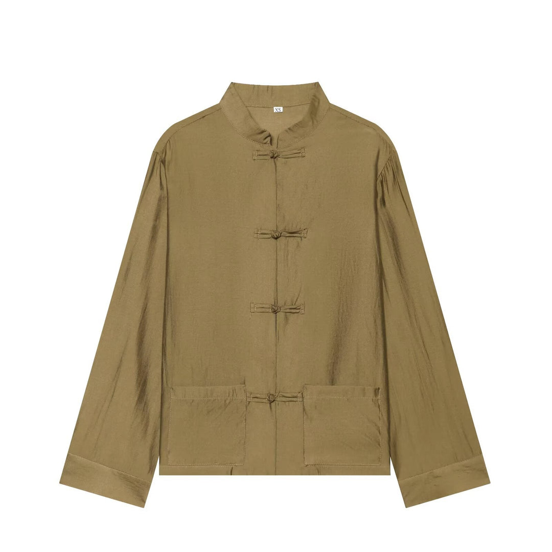Damen Asiatisch-inspirierte Übergangsjacke mit Stehkragen, Knotenverschlüssen und aufgesetzten Taschen Nord Taschen