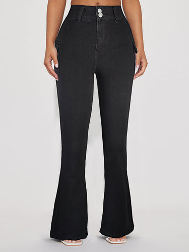 Damen Hochtaillierte Flared-Denimhose mit seitlichen Cargo-Pattentaschen & Doppelknopf Nord Taschen