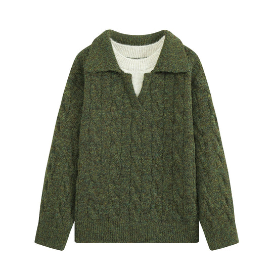 Damen Grobgestrickter Zopfmuster-Pullover mit offenem Polokragen und V‑Ausschnitt Nord Taschen