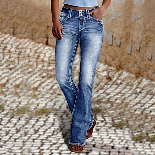 Damen Hochbund-Bootcut-Jeans mit formendem Bund und sichtbarer Knopfleiste Nord Taschen