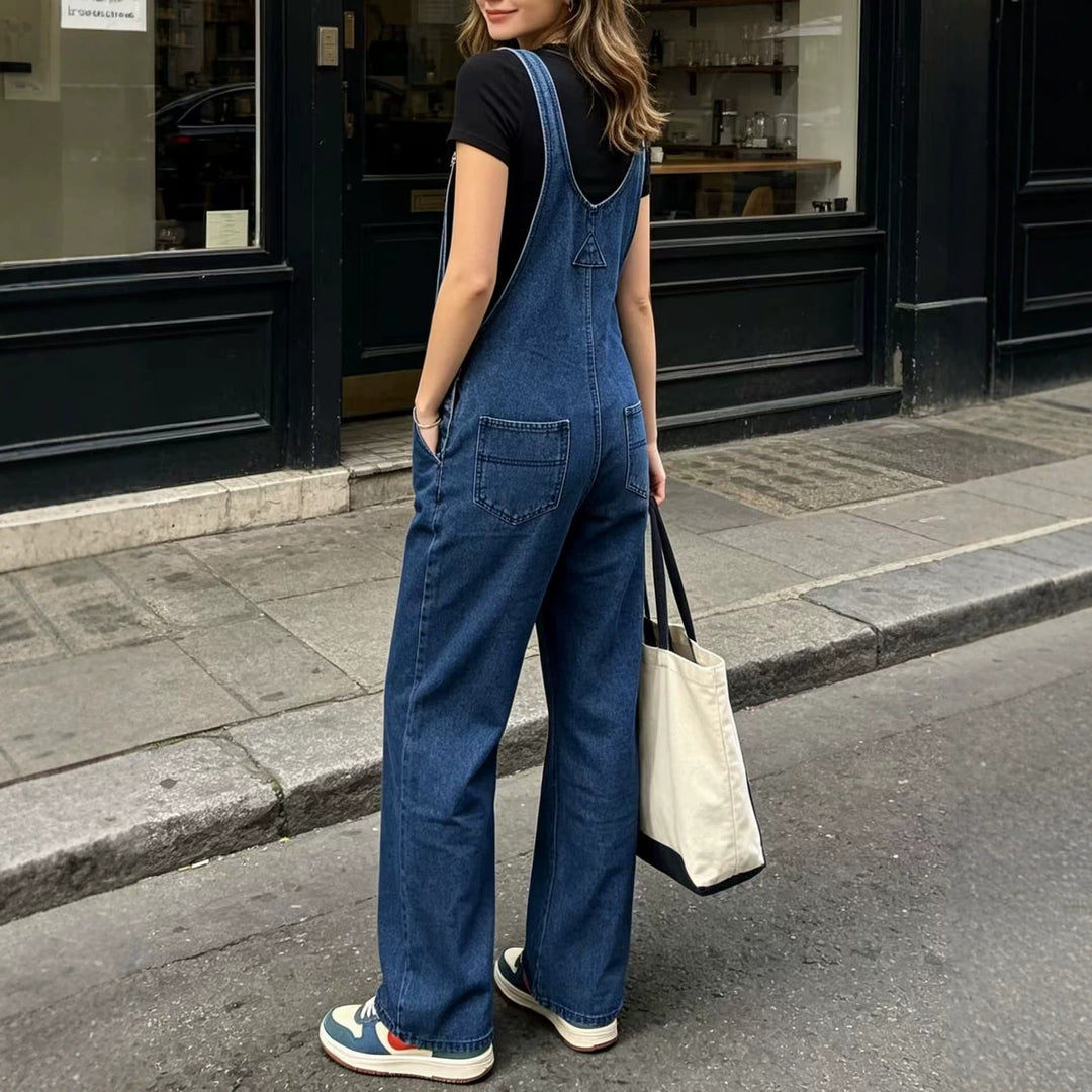 Damen weite Denim-Latzhose mit hoher Taille, verstellbaren Trägern und lässigem Schlag Nord Taschen