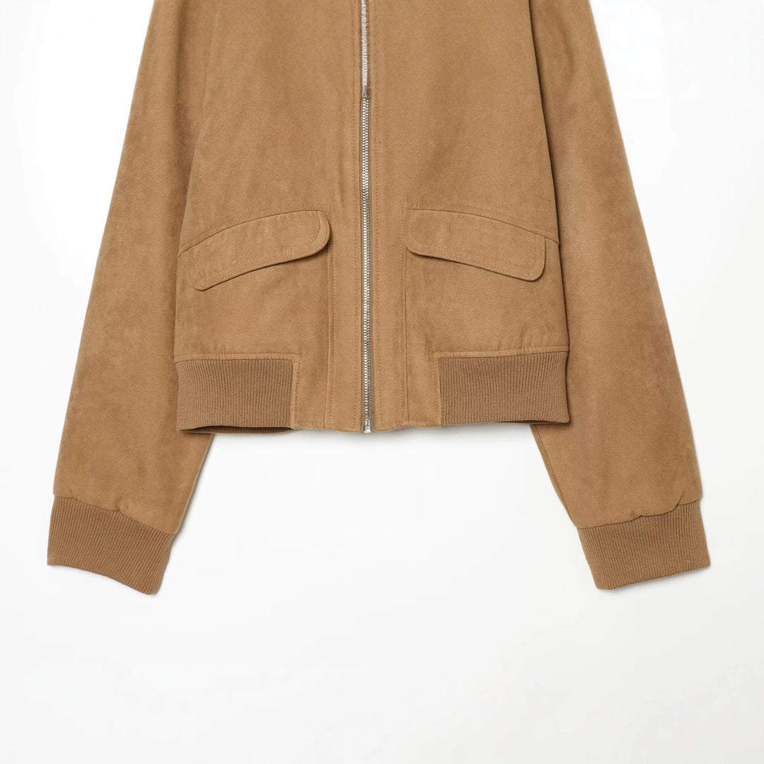 Damen Kurzjacke in Wildlederoptik Bomber mit Reißverschluss, Pattentaschen und Rippbündchen Nord Taschen