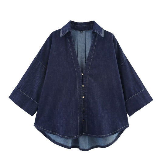 Damen Oversized Denim‑Hemdenjacke mit dreiviertel Ärmeln und High‑Low‑Saum Nord Taschen