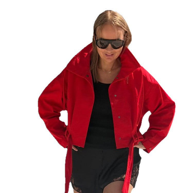Damen Oversize Kurzjacke mit Taillengürtel und Hemdkragen Nord Taschen