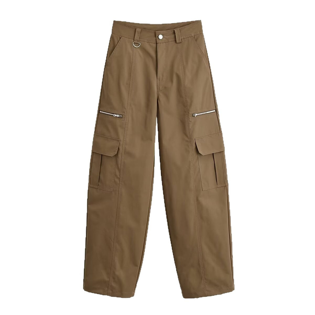 Damen Weite Cargo-Hose mit Utility-Taschen, Reißverschluss-Details und hoher Taille Nord Taschen