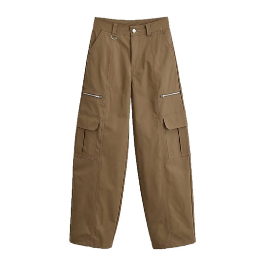 Damen Weite Cargo-Hose mit Utility-Taschen, Reißverschluss-Details und hoher Taille Nord Taschen