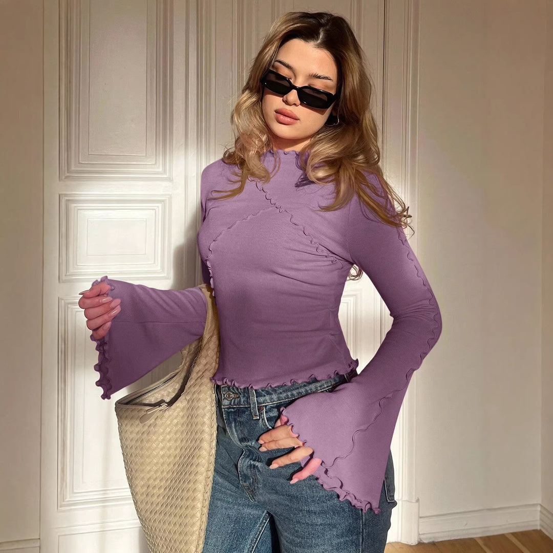 Damen Enganliegendes Geripptes Langarmshirt mit Stehkragen und Kräuselsaum Nord Taschen