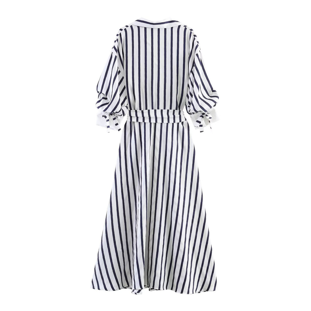 Damen Midi-Hemdblusenkleid mit diagonalen Streifen, tailliertem Bindegürtel und Ballonärmeln Nord Taschen