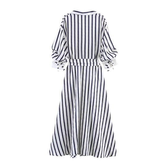 Damen Midi-Hemdblusenkleid mit diagonalen Streifen, tailliertem Bindegürtel und Ballonärmeln Nord Taschen