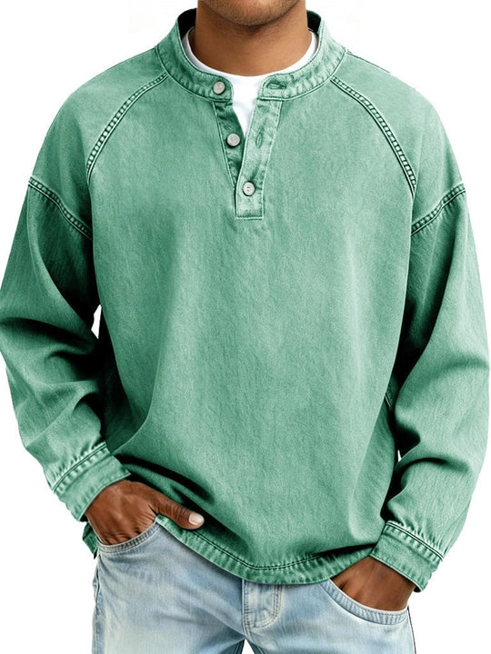 Herren Langarm-Henley Sweatshirt mit Stehkragen und Vintage-Denim-Effekt Nord Taschen