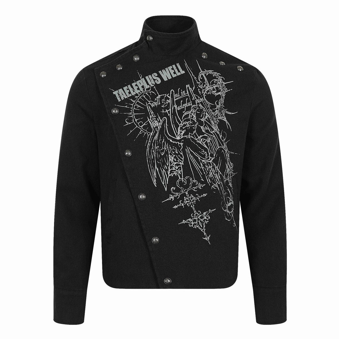 Herren Asymmetrische Blousonjacke mit Stehkragen, Metallknopfbesatz und Grafikprint Nord Taschen