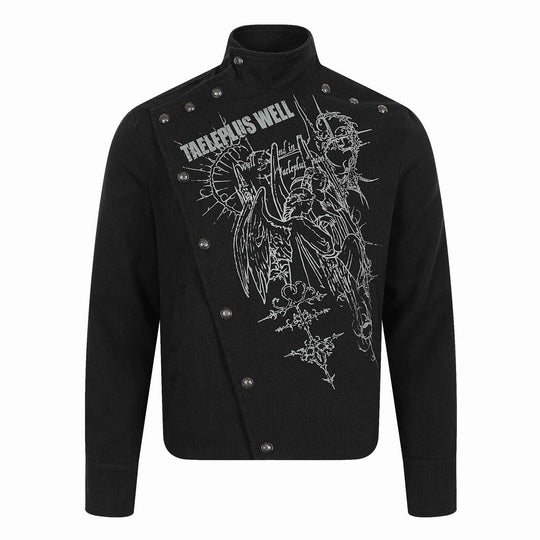 Herren Asymmetrische Blousonjacke mit Stehkragen, Metallknopfbesatz und Grafikprint Nord Taschen