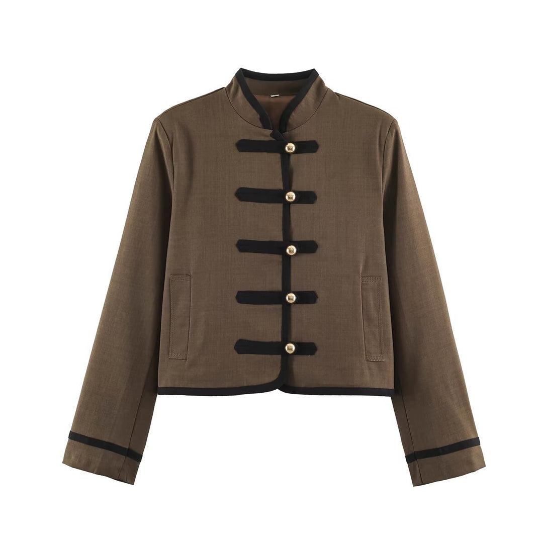 Damen Kurzjacke im Mandarinstil mit dekorativen Zierknoten und Kontrastbesatz Nord Taschen