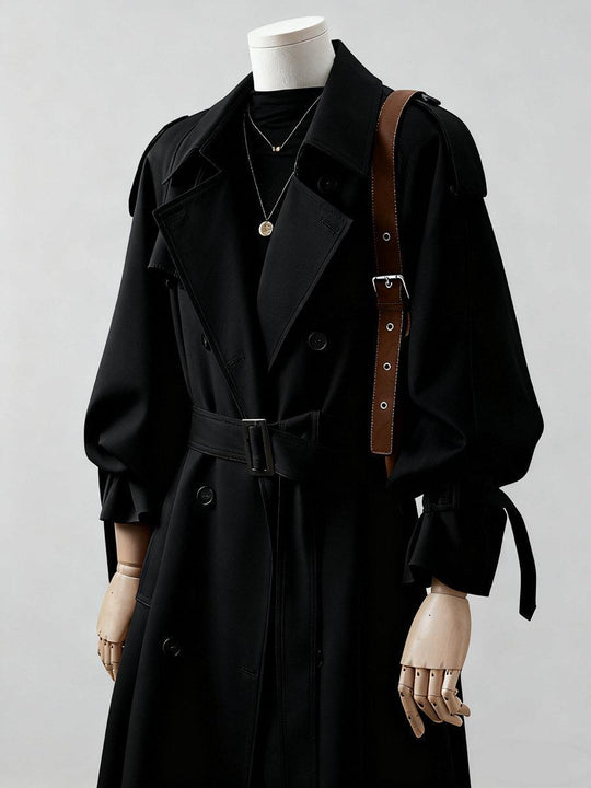 Damen Trenchcoat mit Ballonärmeln, doppelreihiger Schnitt und Taillengürtel Nord Taschen