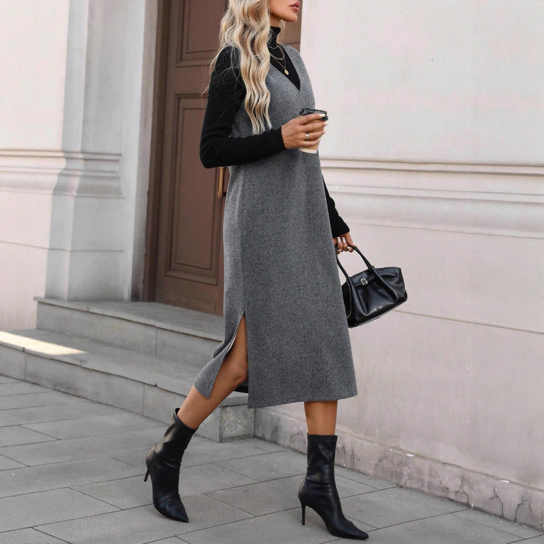 Damen Ärmelloses Wollmix-Midikleid mit tiefem V‑Ausschnitt und geradem Schnitt Nord Taschen