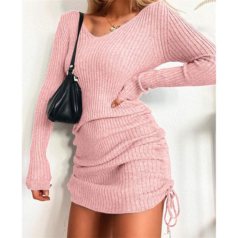 Damen Figurbetontes Rippstrick-Minikleid mit langen Ärmeln und seitlicher Raffung Nord Taschen