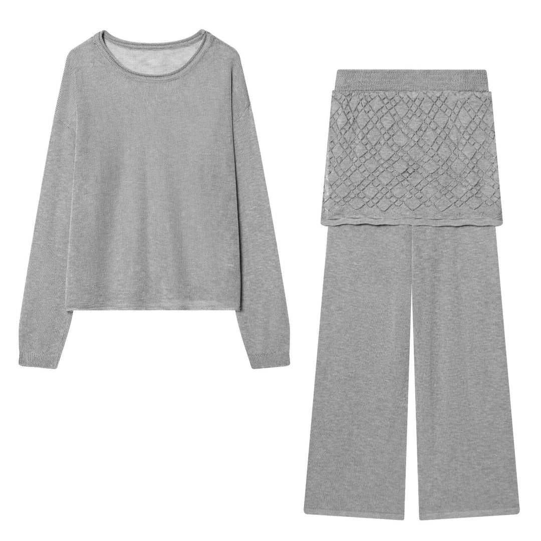Damen Strick-Lounge-Set mit weitem Rundhals-Pullover und Highwaist-Schlaghose mit Spitzen-Detail Nord Taschen