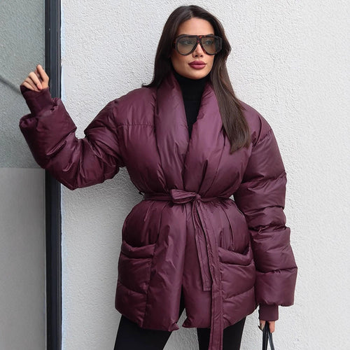 Damen Gesteppte Taillierte Steppjacke mit Schalkragen und Bindegürtel Nord Taschen