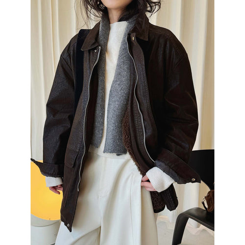 Damen Oversized Lederoptik-Fliegerjacke mit Teddyfutter und Metallreißverschluss Nord Taschen