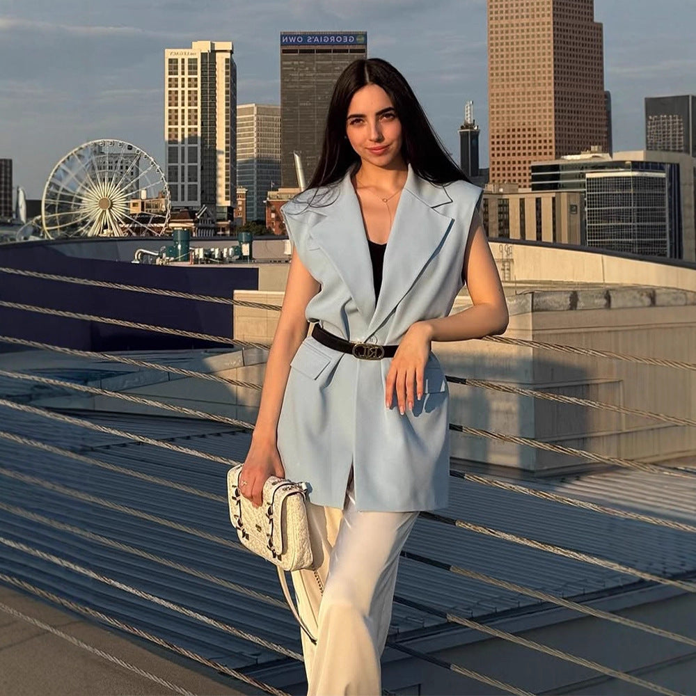 Damen Ärmellose Longblazer-Weste mit betonter Schulterpartie und Taillenform Nord Taschen
