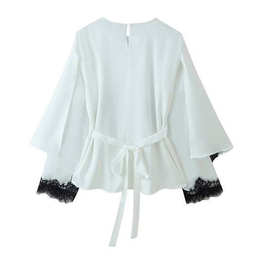 Damen Elegante Chiffonbluse mit Spitzenborte, weitem Kimonoärmel und Bindeband Nord Taschen