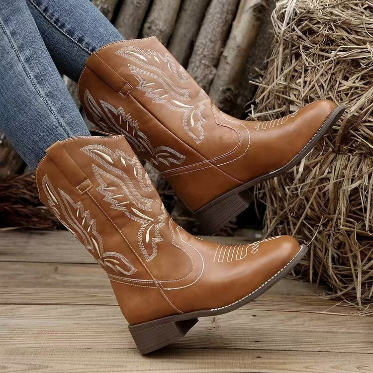 Damen Western-Cowboystiefel mit spitzer Kappe, gesticktem Schaft und mittlerem Blockabsatz Nord Taschen