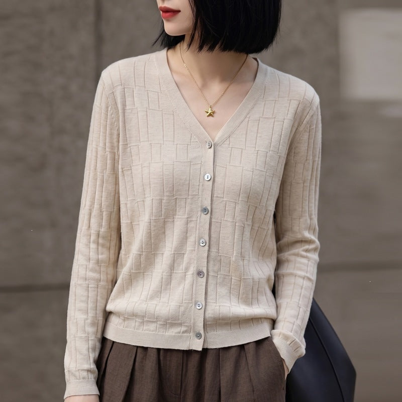 Damen V‑Ausschnitt-Feinstrickcardigan mit strukturierter Blockoptik und durchgehender Knopfleiste Nord Taschen