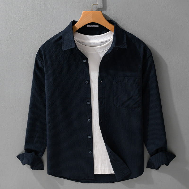 Herren Struktur-Overshirt aus atmungsaktivem Baumwollmix mit feinem Streifenrelief und Brusttasche Nord Taschen