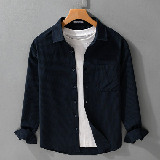 Herren Struktur-Overshirt aus atmungsaktivem Baumwollmix mit feinem Streifenrelief und Brusttasche Nord Taschen