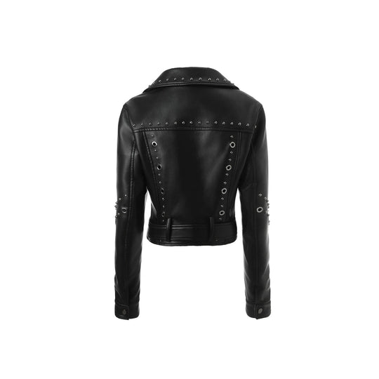 Damen Gekürzte Nieten-Bikerjacke mit Taillengürtel Nord Taschen